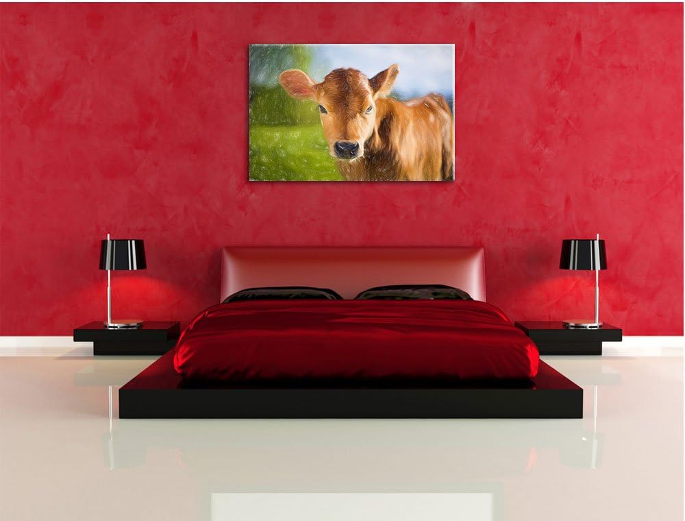 Pixxprint Junge Kuh Kälbchen als Leinwandbild/Grösse: 100x70 cm/Wandbild/Kunstdruck/fertig bespannt,