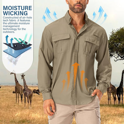 Asfixiado Hemd Herren Safari UPF50+ UV Schutz Wanderhemd Herren Langarm Funktionshemd Outdoorhemd At