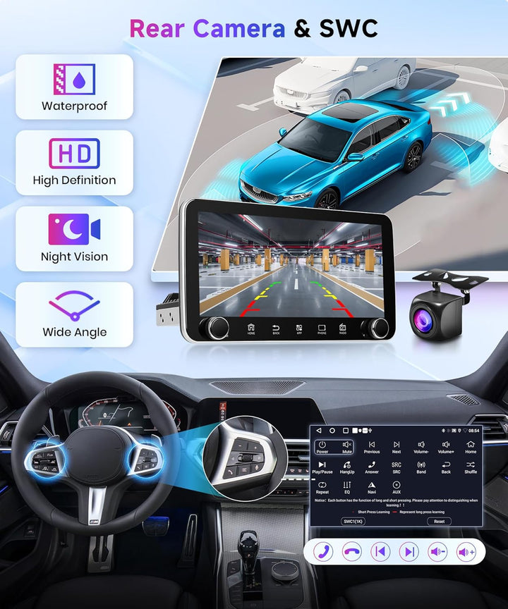 Rimoody 2+64G Autoradio 1 Din Wireless Carplay Android Auto 10.36 Zoll IPS 360° Drehbarer Bildschirm