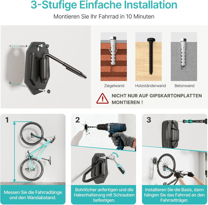 PEGZONE Schwenkbare Fahrrad Wandhalterung, Fahrradhalterung Wand ohne schweres Heben, platzsparender