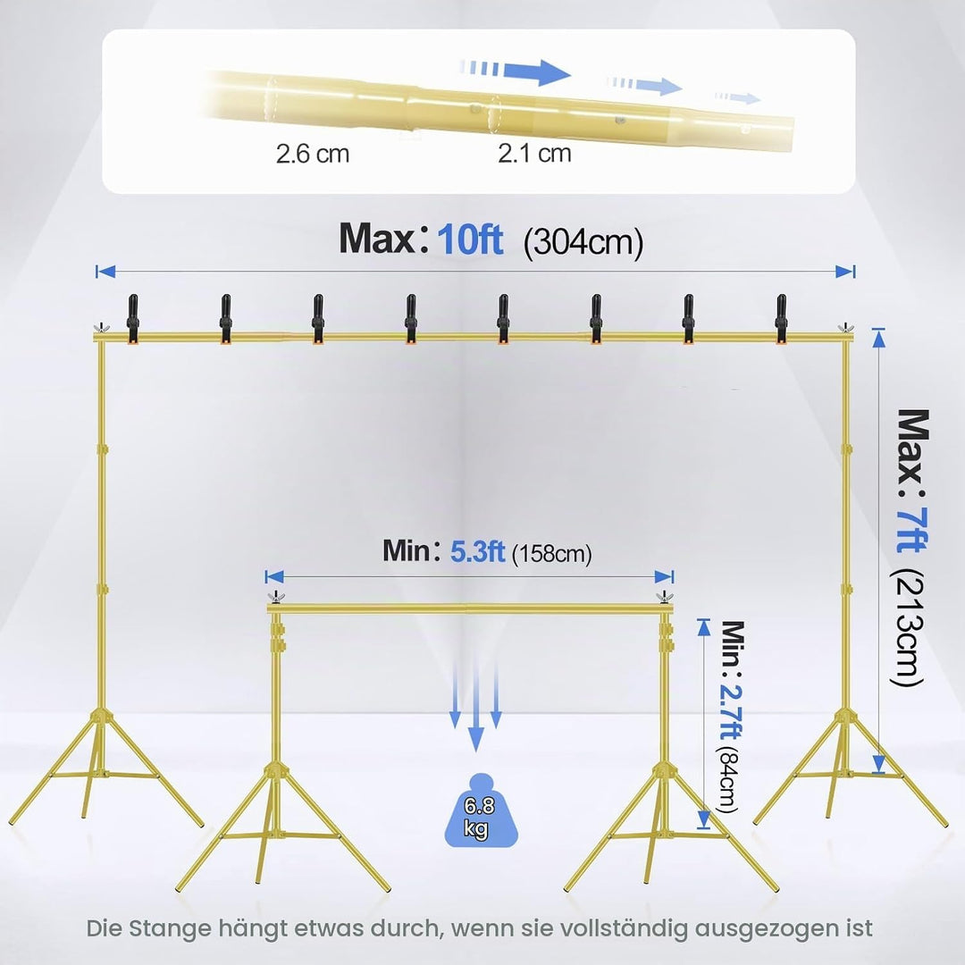 EMART Goldener Foto Hintergrund Ständer, 2x3m Verstellbarer Hintergrundsystem mit 8 Hintergrundklemm