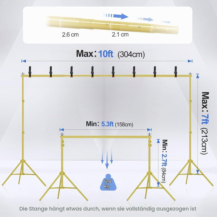 EMART Goldener Foto Hintergrund Ständer, 2x3m Verstellbarer Hintergrundsystem mit 8 Hintergrundklemm