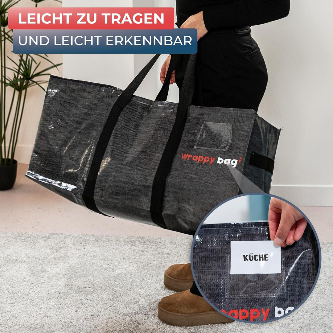 WRAPPYBAG im 6er Pack Grosse Kunststoff-Aufbewahrungstaschen – XXL-Taschen für Umzug &amp; Reise – Stabi