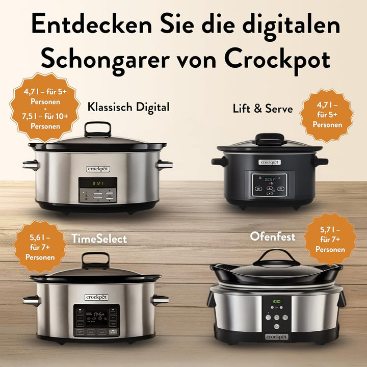 Crock-Pot Digital-Schongarer Slow Cooker | einstellbare Garzeit | 7,5 Liter (10+ Personen) | rostfre