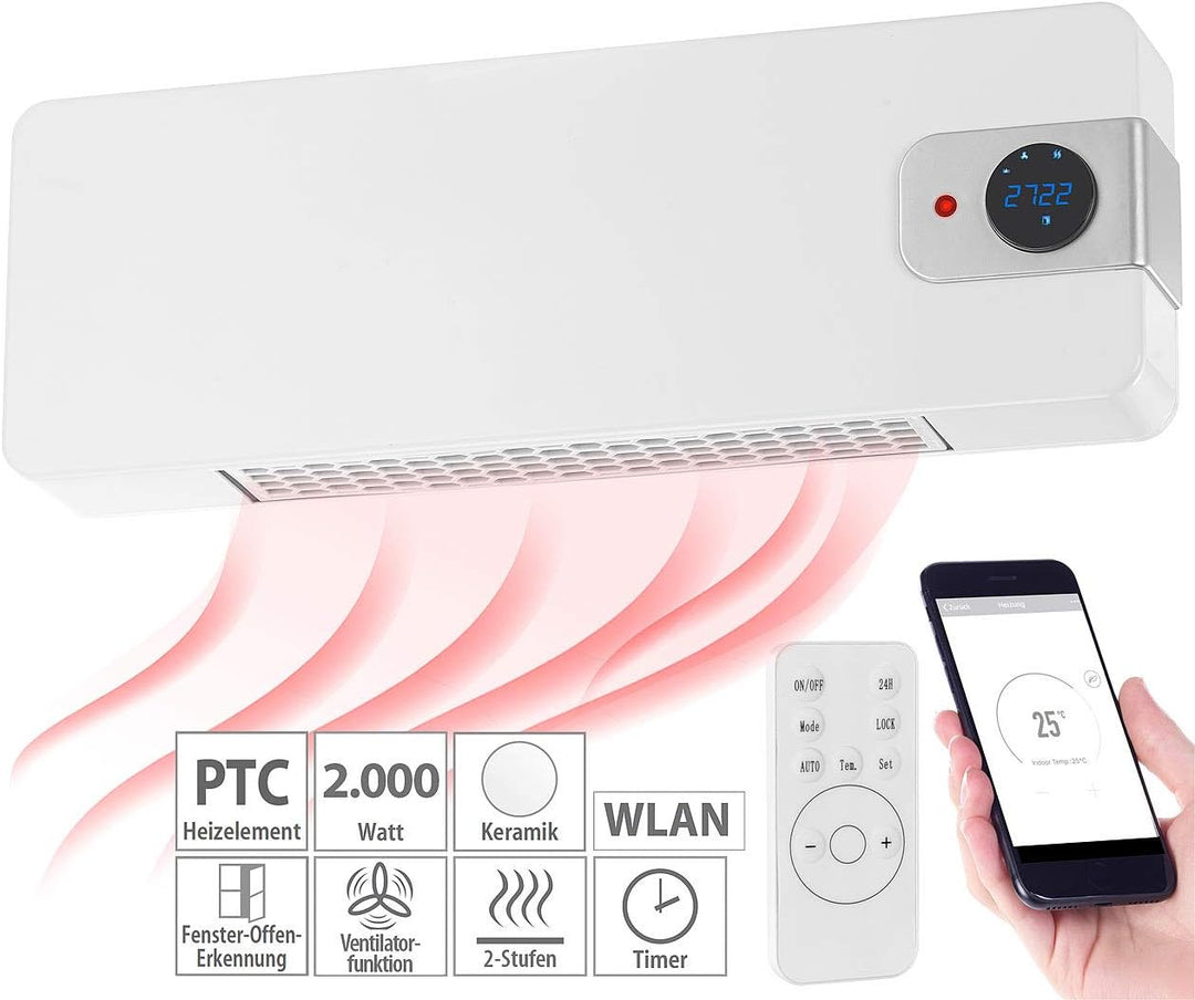Sichler Haushaltsgeräte Heizlüfter WLAN: WLAN-Keramik-Wandheizlüfter, LED-Display, 2.000 W, App, Goo