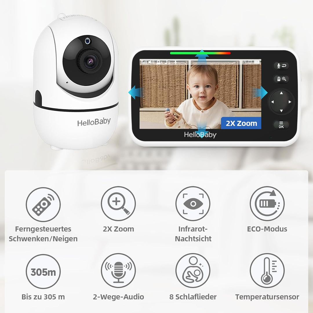HelloBaby Babyfon ohne WLAN mit Halterung, 5-Zoll-IPS-Bildschirm und 30 Stunden Akkulaufzeit mit VOX