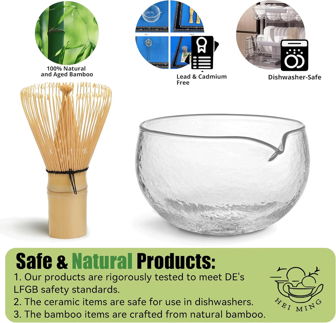 Matcha Set hat 8 Teile, Zeremonielles Matcha Tee Set, Glas Matcha Schale und handgemachter Matcha Sc