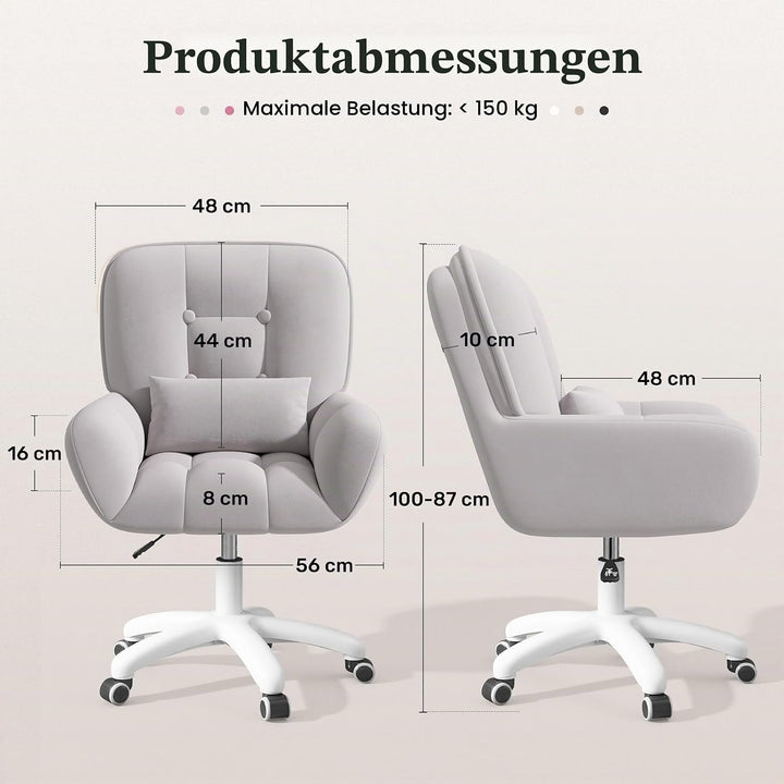Homeoffice &amp; Schminkstuhl 2-in-1 Ergonomischer Samt Drehstuhl 360° mit Kopfkissen, Höhenverstellbar