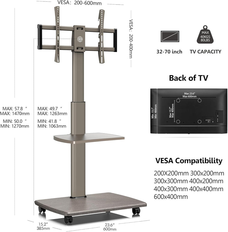 FITUEYES TV Bodenständer Rollbar mit Holzablage TV Standfuss TV Ständer Fernsehstand mit Rollen höhe