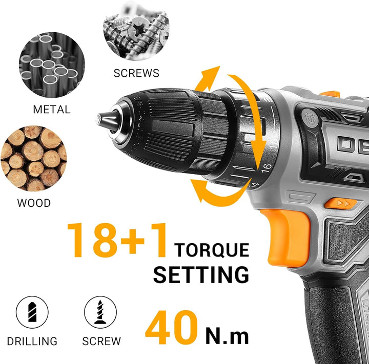 Akkuschrauber Set 2 Akkus 60 Min Schnellladung: DEKOPRO Akkubohrer 20V 40 Nm 18+1 Drehmoment 2-Gang