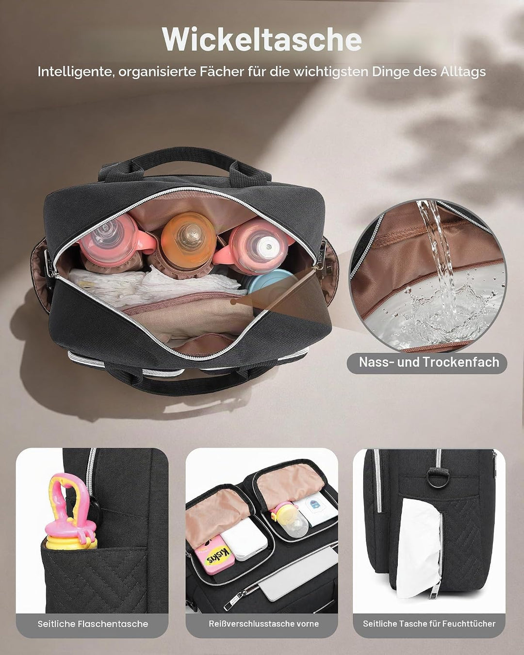 KONO Baby-Wickeltasche, stilvoll, für Mama und Papa, wandelbare Reisetasche mit isolierten Taschen