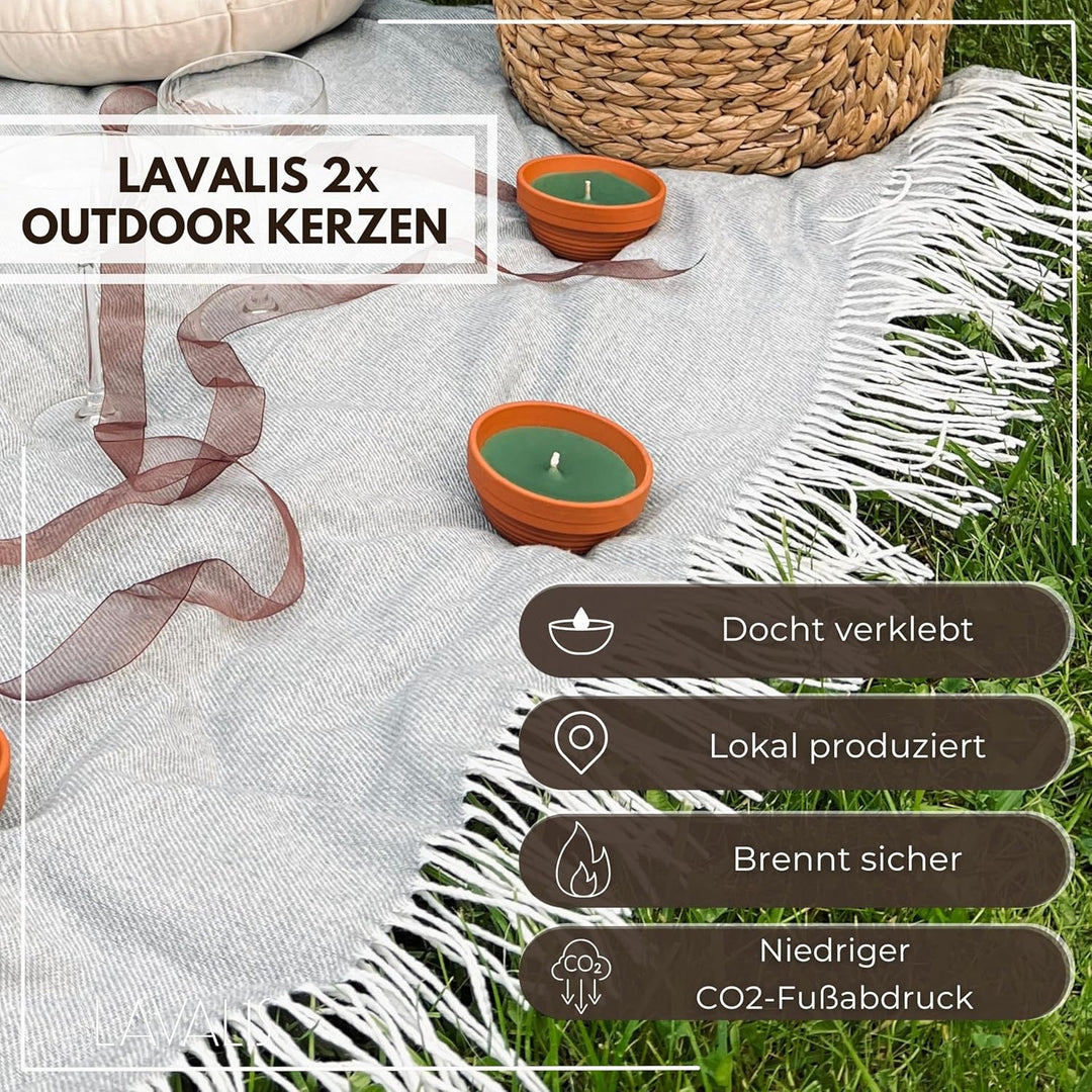 Lavalis 2x Outdoor Kerze, handbefüllte Terrakotta-Kerzen aus recyceltem Wachs, 20h Brenndauer, 5cm F