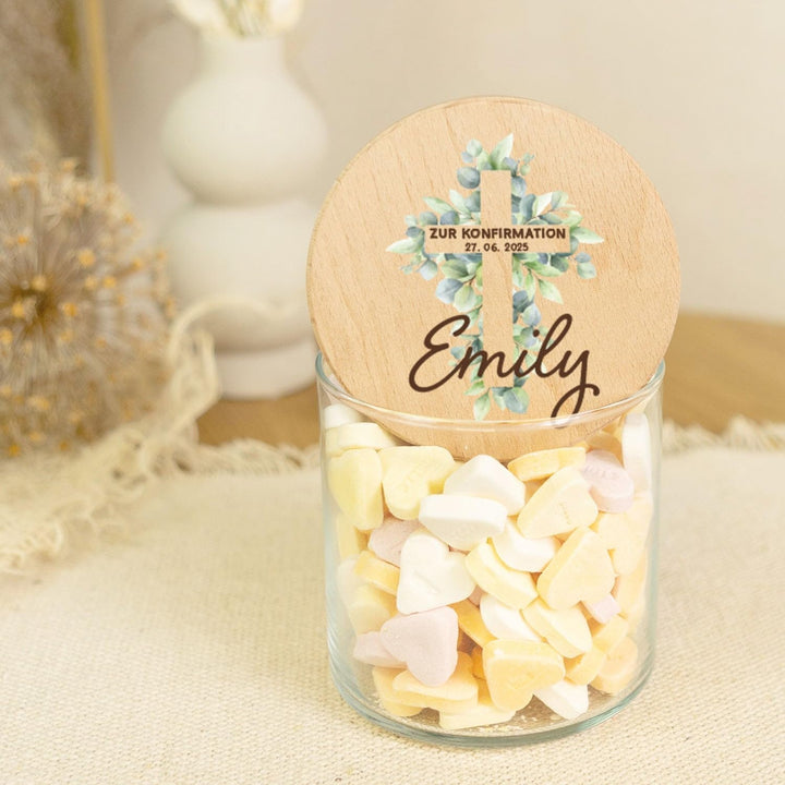 GRAVURZEILE Vorratsglas mit bedrucktem Holzdeckel - Konfirmation Kreuz - Personalisiert mit Name & D
