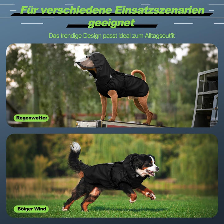Hunderegenmantel wasserdicht, Regenjacke mit reflektierenden Streifen, H-Brustgeschirr (D-Ring) & Ab