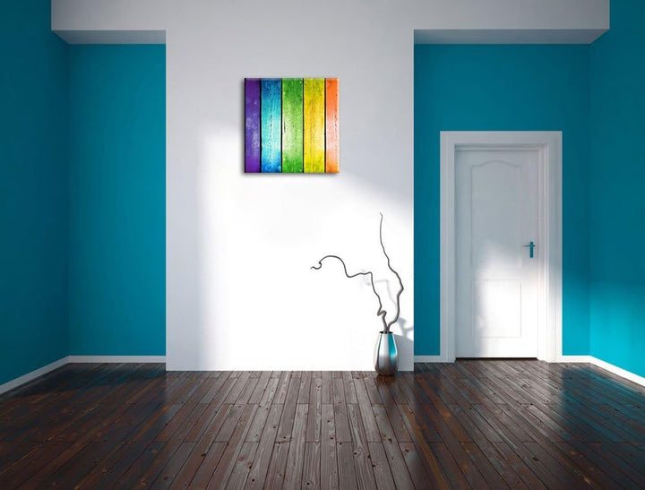 Bunte Zaunslatten, Format: 70x70 auf Leinwand, XXL riesige Bilder fertig gerahmt mit Keilrahmen, Kun