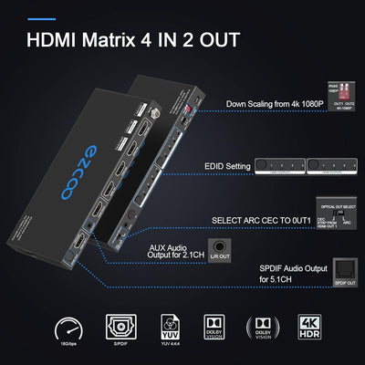 HDMI Matrix 4 in 2 Out 4K 60Hz 4:4:4 ARC HDR D-olby Vision Atmos SPDIF 5.1CH Breakout 3.5mm Stereo H