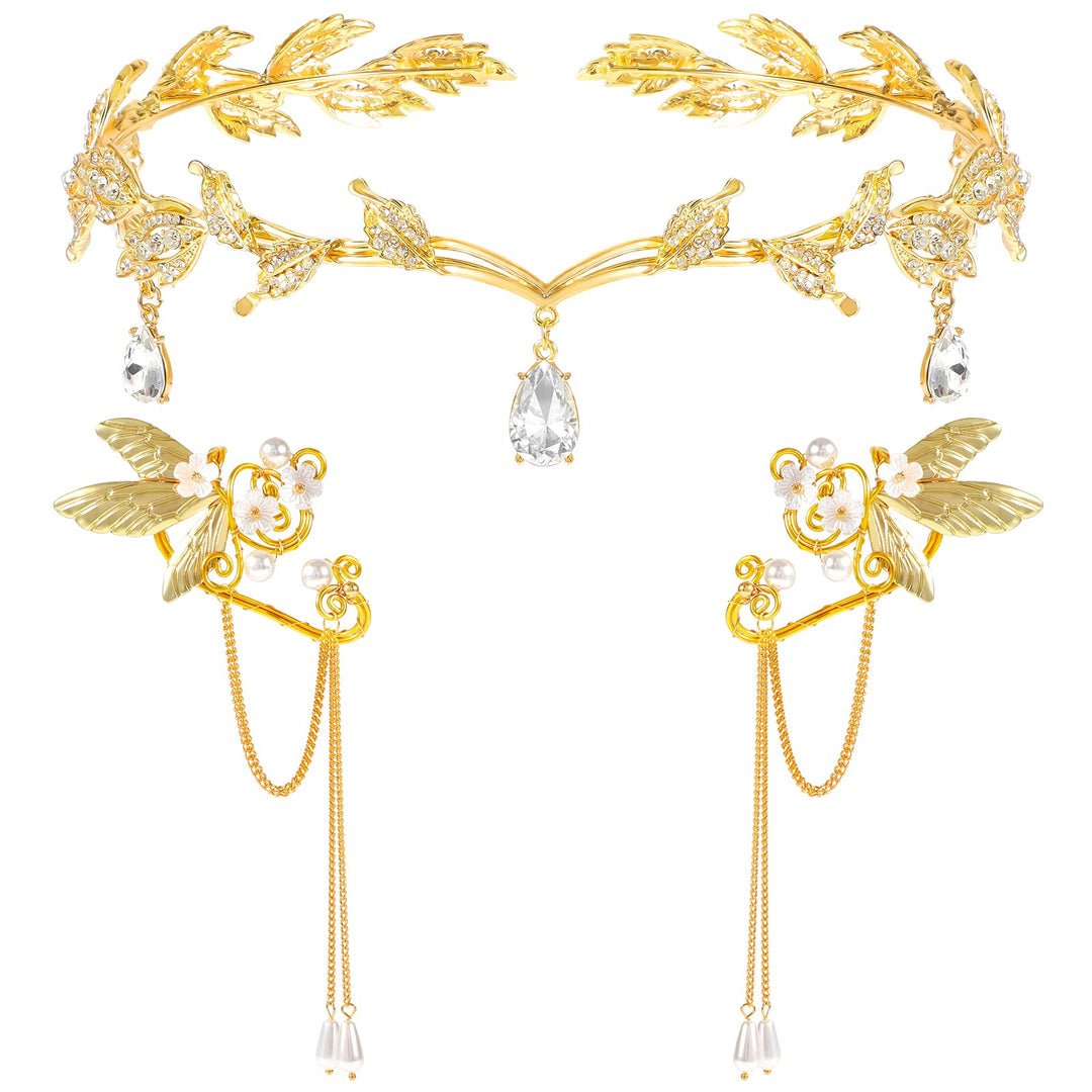 Hifot Elfen Ohrringe Tiara Set für Damen, Elfen Krone Kopfschmuck Fee Pixie Elf Ohren Ohrclips für E