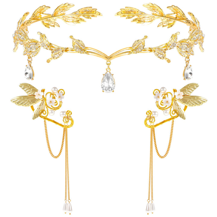 Hifot Elfen Ohrringe Tiara Set für Damen, Elfen Krone Kopfschmuck Fee Pixie Elf Ohren Ohrclips für E