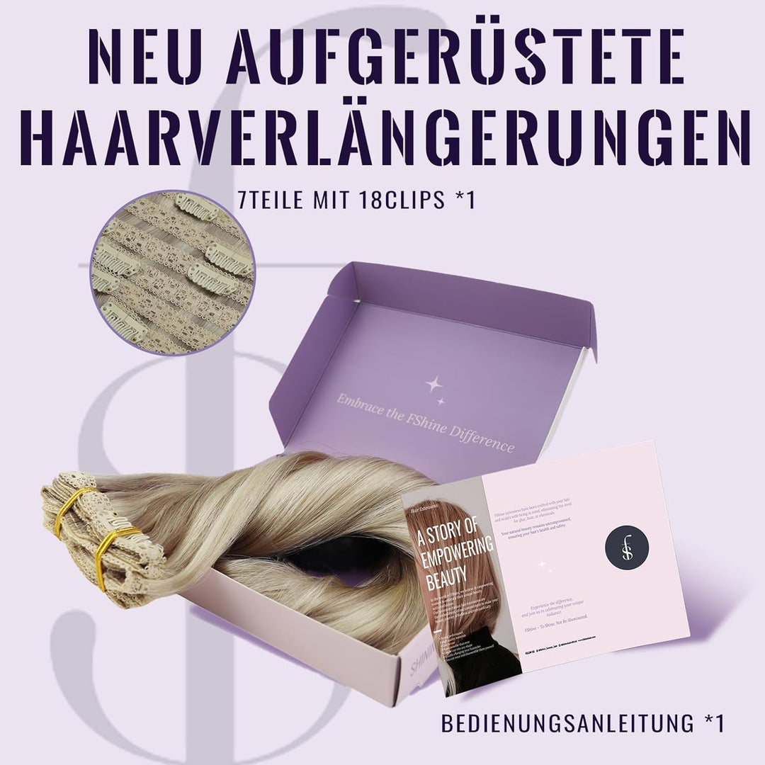 Fshine Echthaar Extensions Clip 35cm 120g Aschblondes Highlight mit Bleichblond Clip in Extensions E