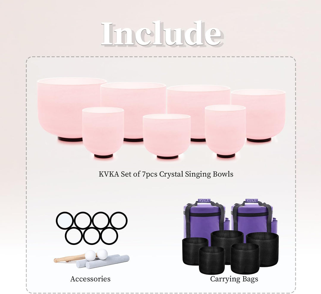 KVKA 432Hz 7-12 inch Frosted Quartz Crystal Singing Bowl Set for Yoga Meditation & Sound Therapy & C