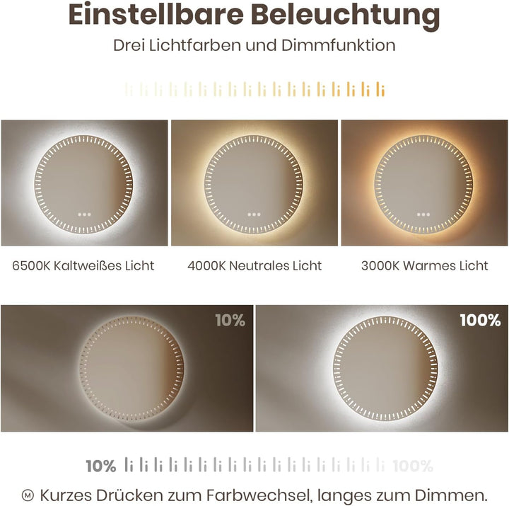 EMKE Runder Spiegel mit Beleuchtung, 80 cm, Badezimmerspiegel mit 3 Lichtfarben, dimmbar, beschlagfr