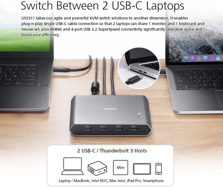 ATEN US3311 2-Port USB-C 4K DisplayPort KVM Dock