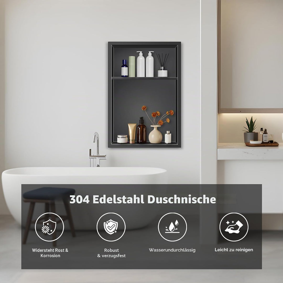 FTL Duschnische aus 304 Edelstahl 45x30x10cm,Schwarz Wandnische Dusche,Eingebettete Wandnische,Keine