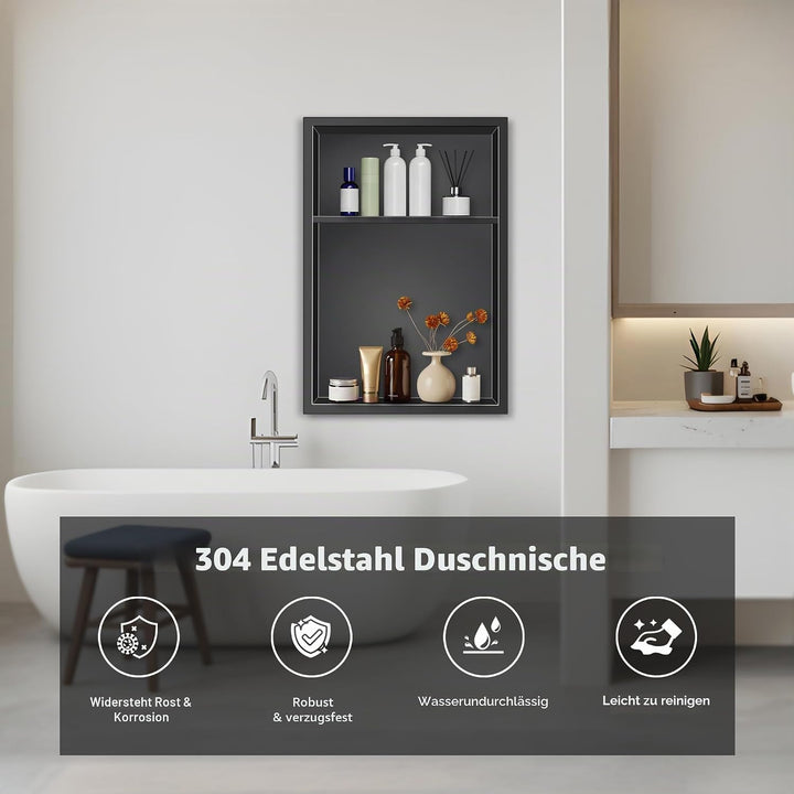 FTL Duschnische aus 304 Edelstahl 45x30x10cm,Schwarz Wandnische Dusche,Eingebettete Wandnische,Keine