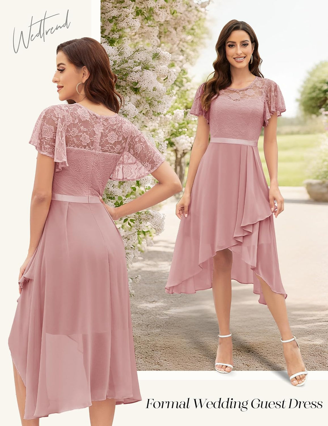 Wedtrend Abendkleid Damen Elegant für Hochzeit High Low Cocktailkleid Chiffonkleid mit Spitzen A Lin