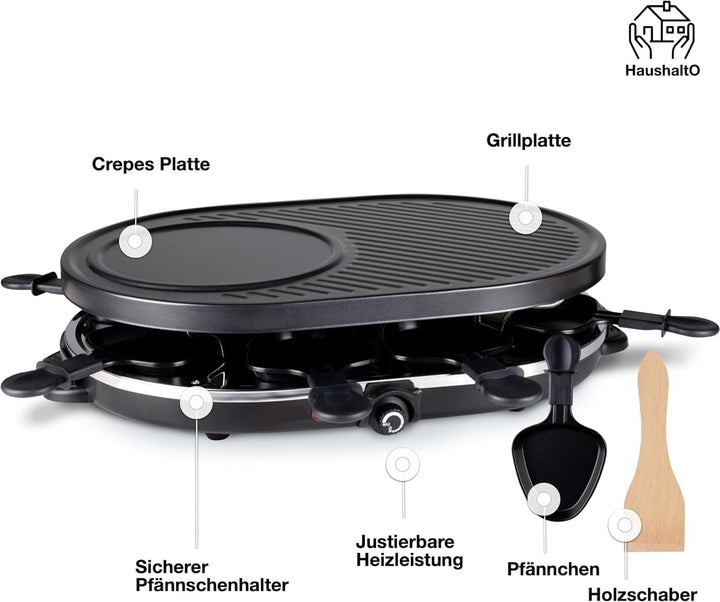 Raclette Set für 8x Personen - antihaftbeschichtet- Tischgrill inkl. Pfännchen & Schaber (Rund), Run