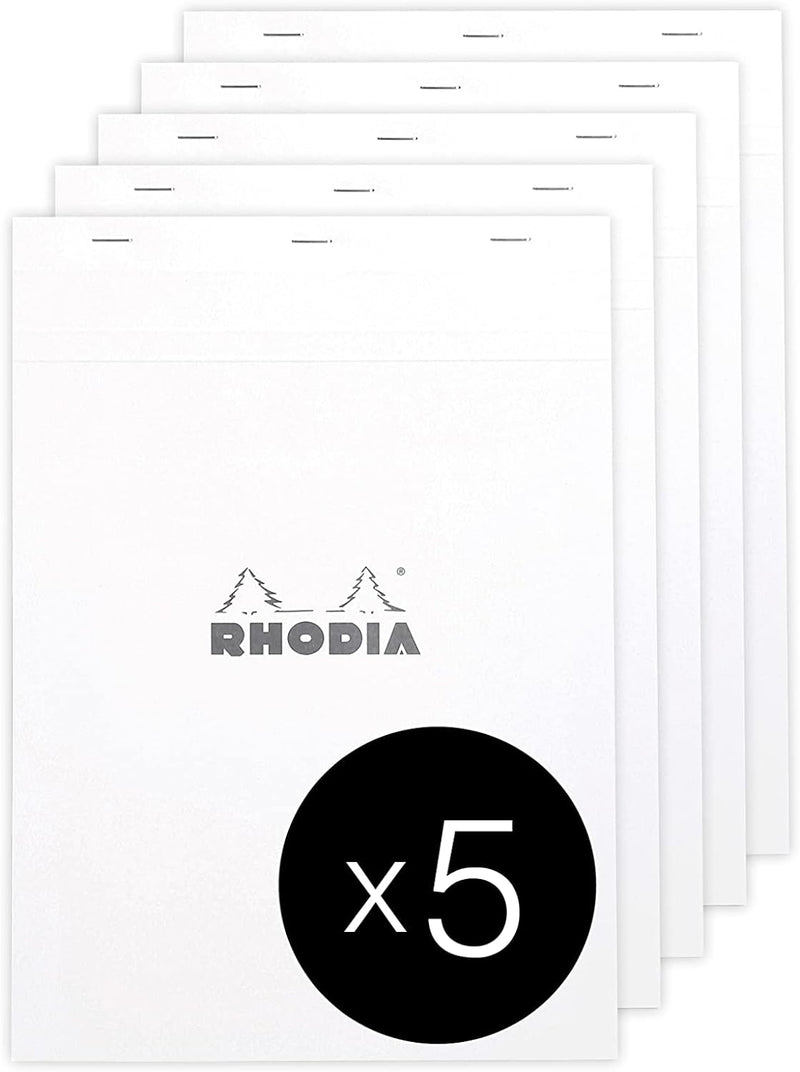 Rhodia 18201C - Packung mit 5 Notizblöcken geheftet No.18, DIN A4 80 Blätter kariert 90g, Weiss, 1 P