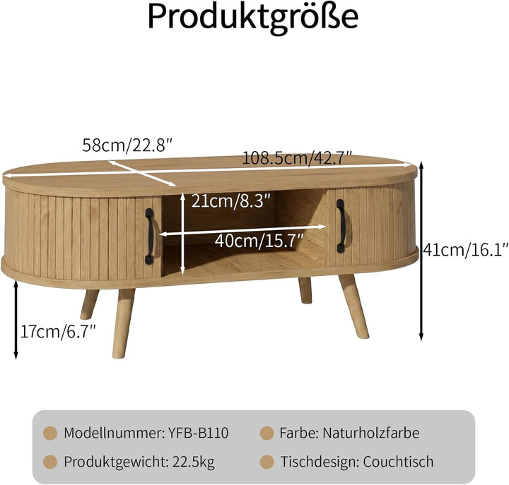 Ovaler Couchtisch Holz mit Stauraum, Moderner Wohnzimmertisch mit geriffelten Fronten, Skandinavisch