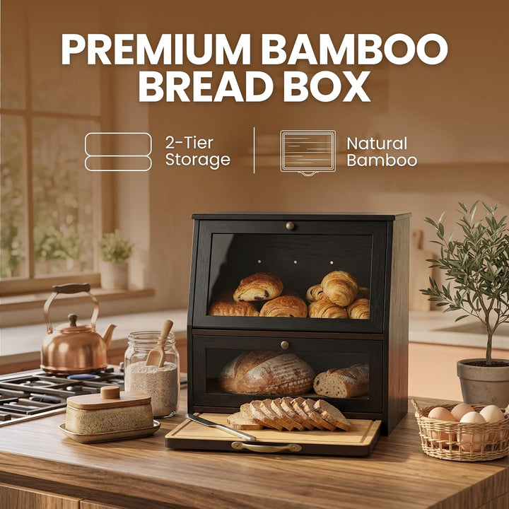 Brotkasten Holz im Vintage Landhaus-Stil – Grosse Brotaufbewahrungsbox mit 2 Etagen &amp; Integriertem S