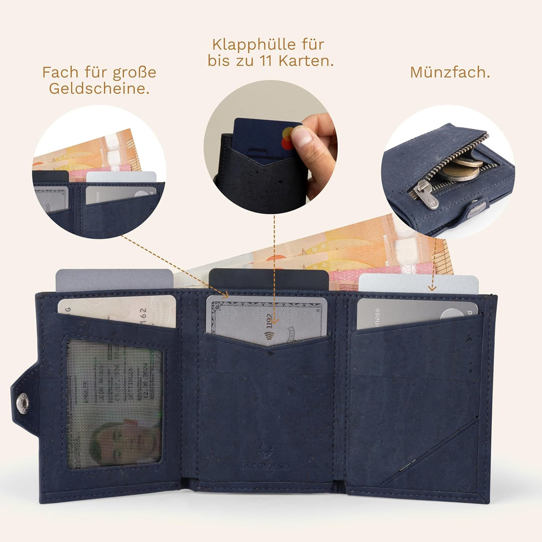 DONBOLSO Geldbörse Korkleder Slim Wallet | Münzfach & RFID Schutz | 11 Karten | Minimalistische Port