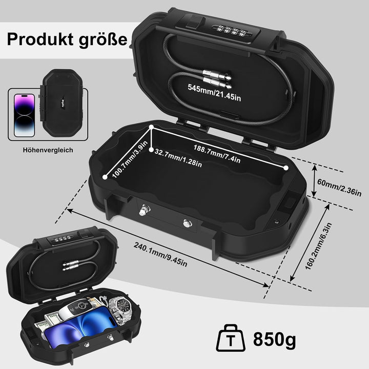 [IP68 Wasserdicht]Diyife Tragbarer Tresor, Mini Tresor, 4 Stellig Zahlencode, Abnehmbare Kabel, Dopp