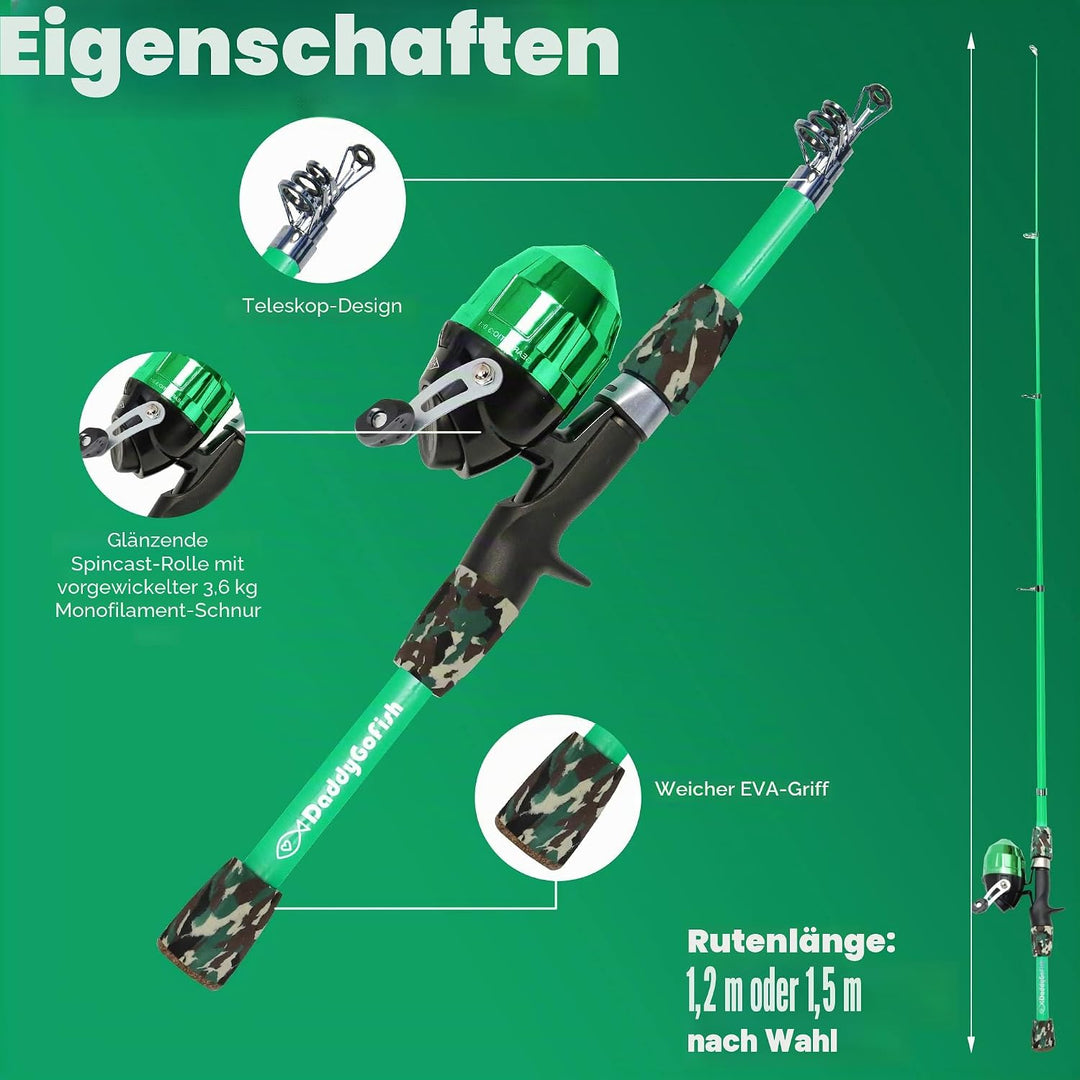 DaddyGoFish Kinder Angelset - Teleskoprute &amp; Rolle Combo mit Klappstuhl, Rutenhalter, Tackle Box, Kö