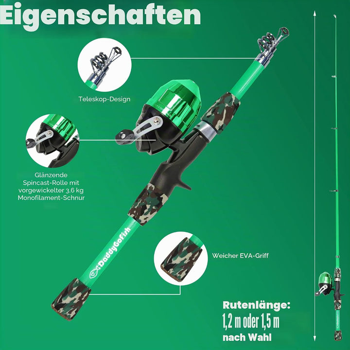 DaddyGoFish Kinder Angelset - Teleskoprute &amp; Rolle Combo mit Klappstuhl, Rutenhalter, Tackle Box, Kö