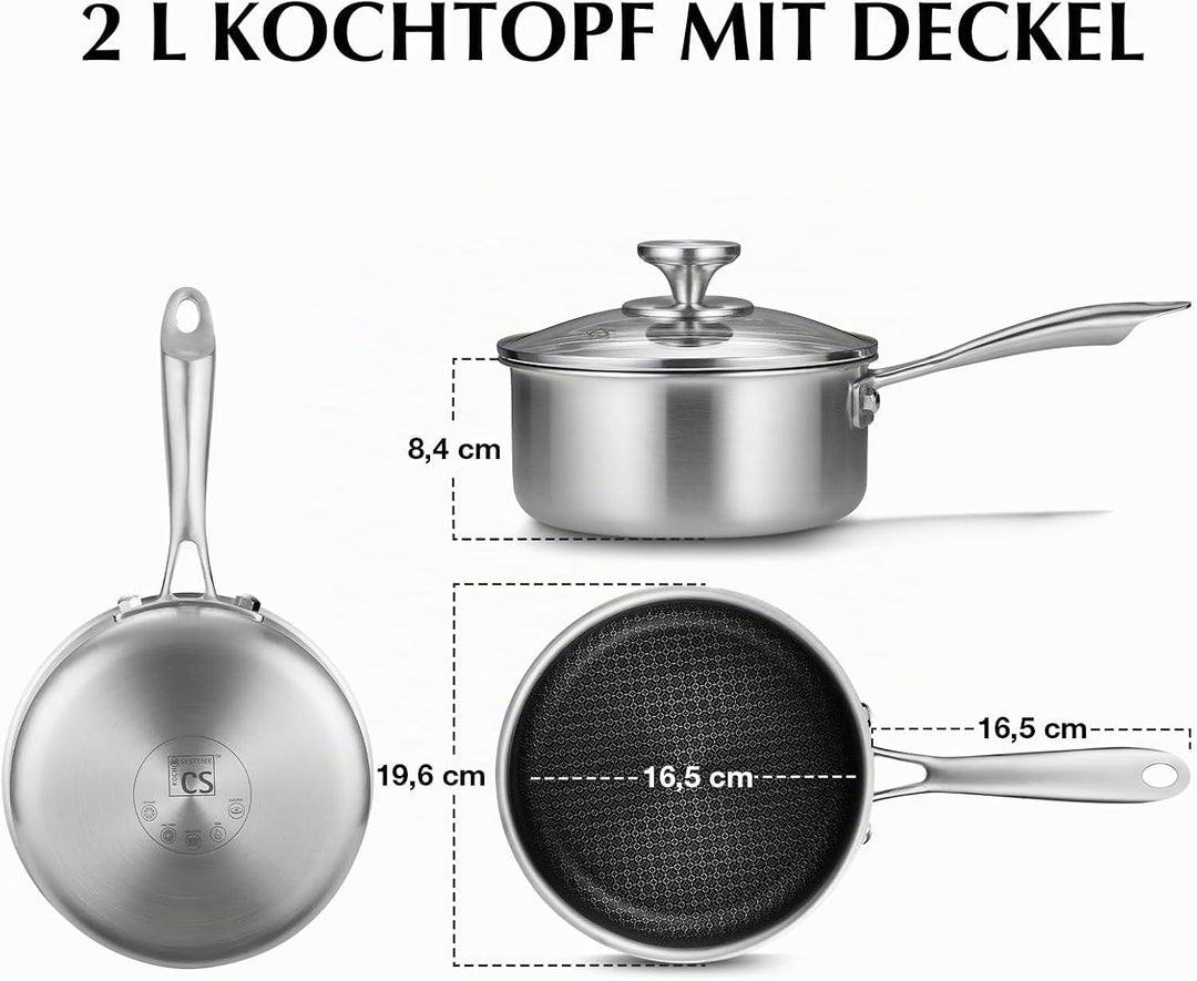 KOCH SYSTEME CS Tri-ply Edelstahl Kochtopf mit Deckel 18 cm, 2 L, kühl bleibender Griff, Hybrid Anti