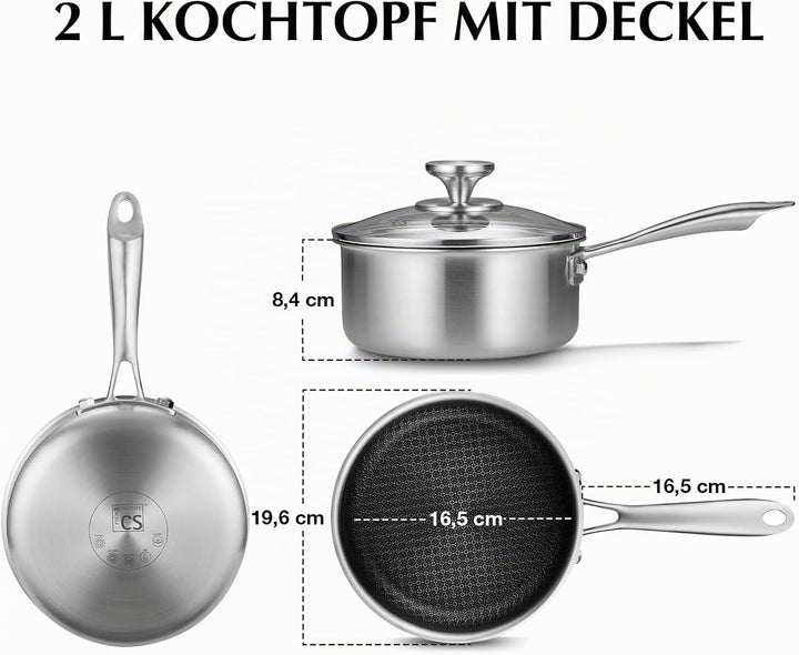 KOCH SYSTEME CS Tri-ply Edelstahl Kochtopf mit Deckel 18 cm, 2 L, kühl bleibender Griff, Hybrid Anti