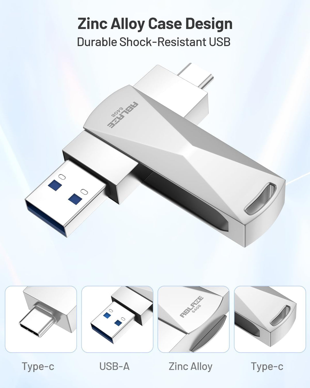 ABLAZE 64 GB USB C Stick, Dual USB 3.0 + Typ C, kompatibel mit iPhone 16/15, Android-Smartphones, Co