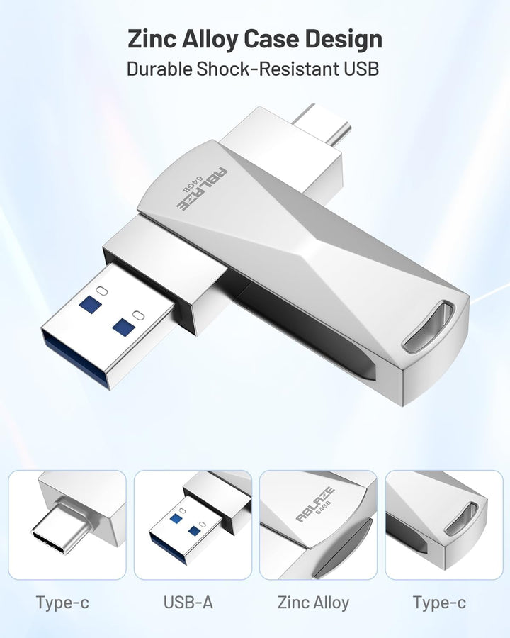 ABLAZE 64 GB USB C Stick, Dual USB 3.0 + Typ C, kompatibel mit iPhone 16/15, Android-Smartphones, Co