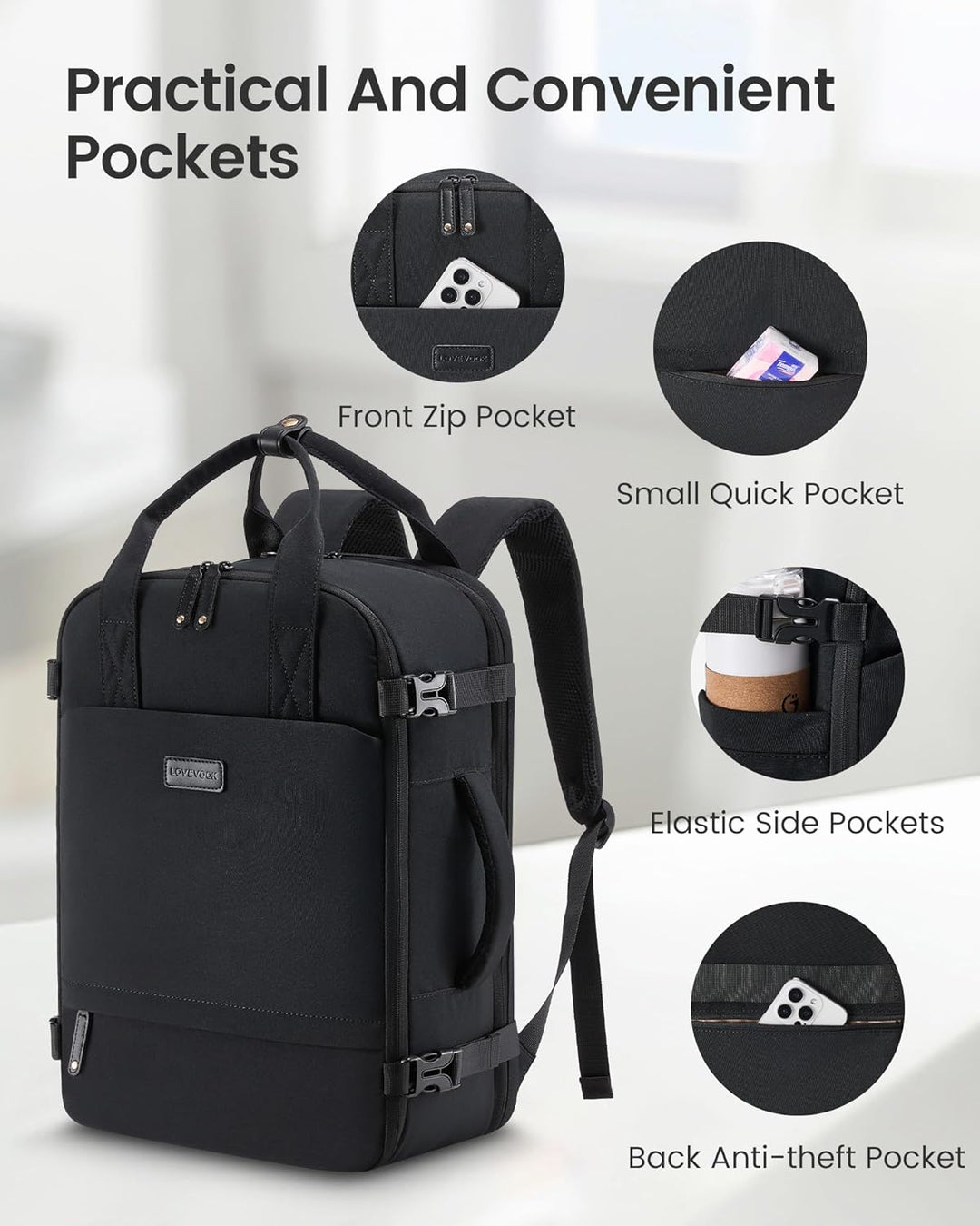 LOVEVOOK Reiserucksack Handgepäck Flugzeug, 15.6 Zoll Laptop Rucksack Damen Gross Travel Backpack Wo