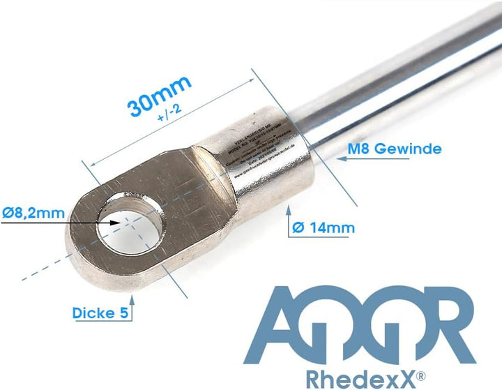 RhedexX® Gasdruckfeder Augenaufnahme 260mm/80mm/650N - Gasdruckdämpfer Gelenkauge mit M8 Gewinde Gas