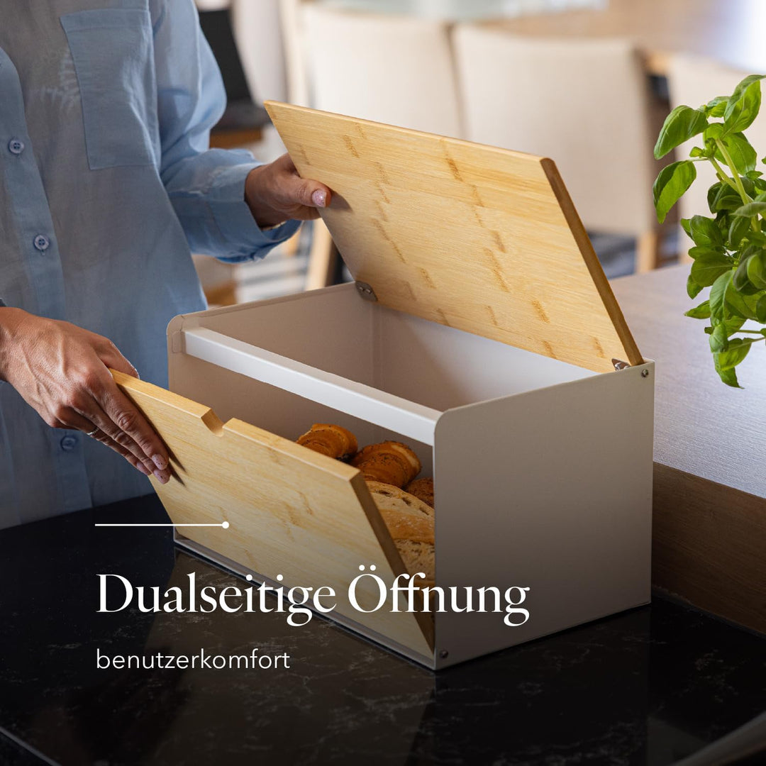 FLORINA Brotkasten BRUSTO 35,5 x 21,5 x 19,5 cm I Brotbox aus Stahl und Bambus-Deckel I Geräumiger u