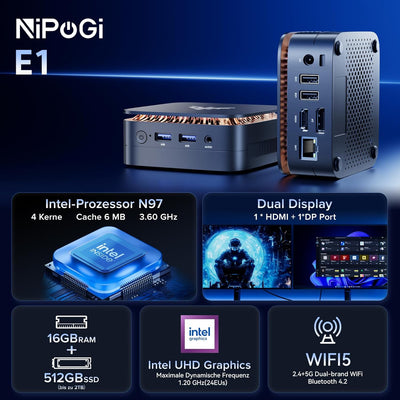 NiPoGi E1 Mini PC Ιntel Alder Lake-Ν N97(bis 3,6 GHz) 16GB DDR4 512GB SSD, Mini Computer/Gigabit Eth