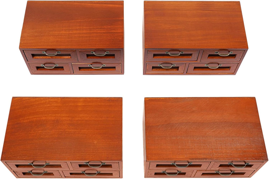 4 Stück Vintage Apothekerschrank Holz, 16 Schubladen mit Sichtfenster, Schreibtisch Organizer für Bü