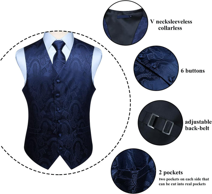 Enlision Herren Paisley Floral Jacquard Weste &amp; Krawatte und Pocket Square Weste Anzug Set S Blau, S