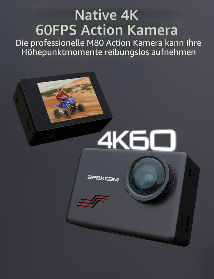 Apexcam M80 4K 60FPS 48MP Action Cam mit 128GB WiFi Karte 40M Ultra HD Unterwasserkamera Wasserdicht