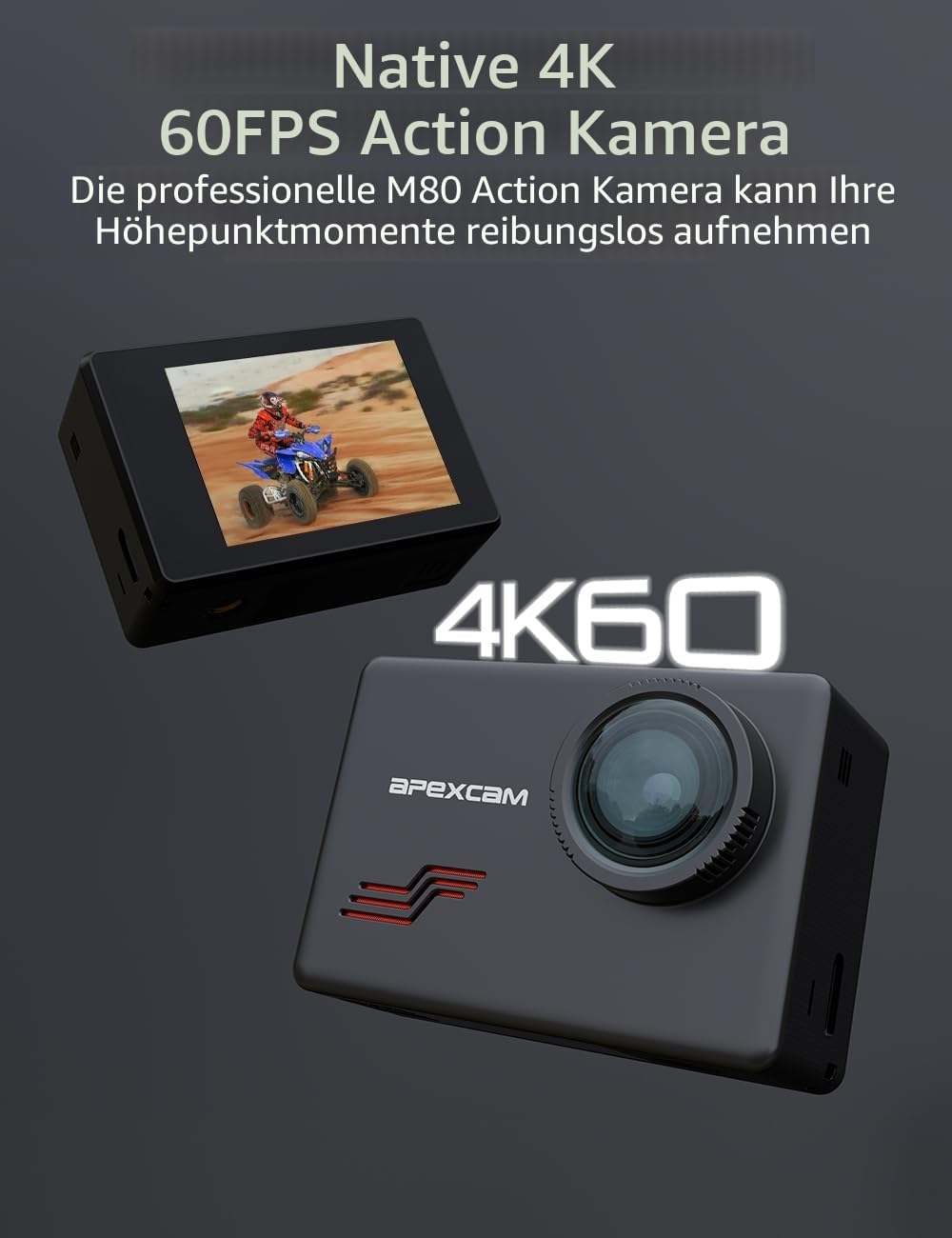 Apexcam M80 mit 64G Karte Action Cam 4K60FPS 48MP WLAN Sportskamera Unterwasserkamera 40m Wasserdich