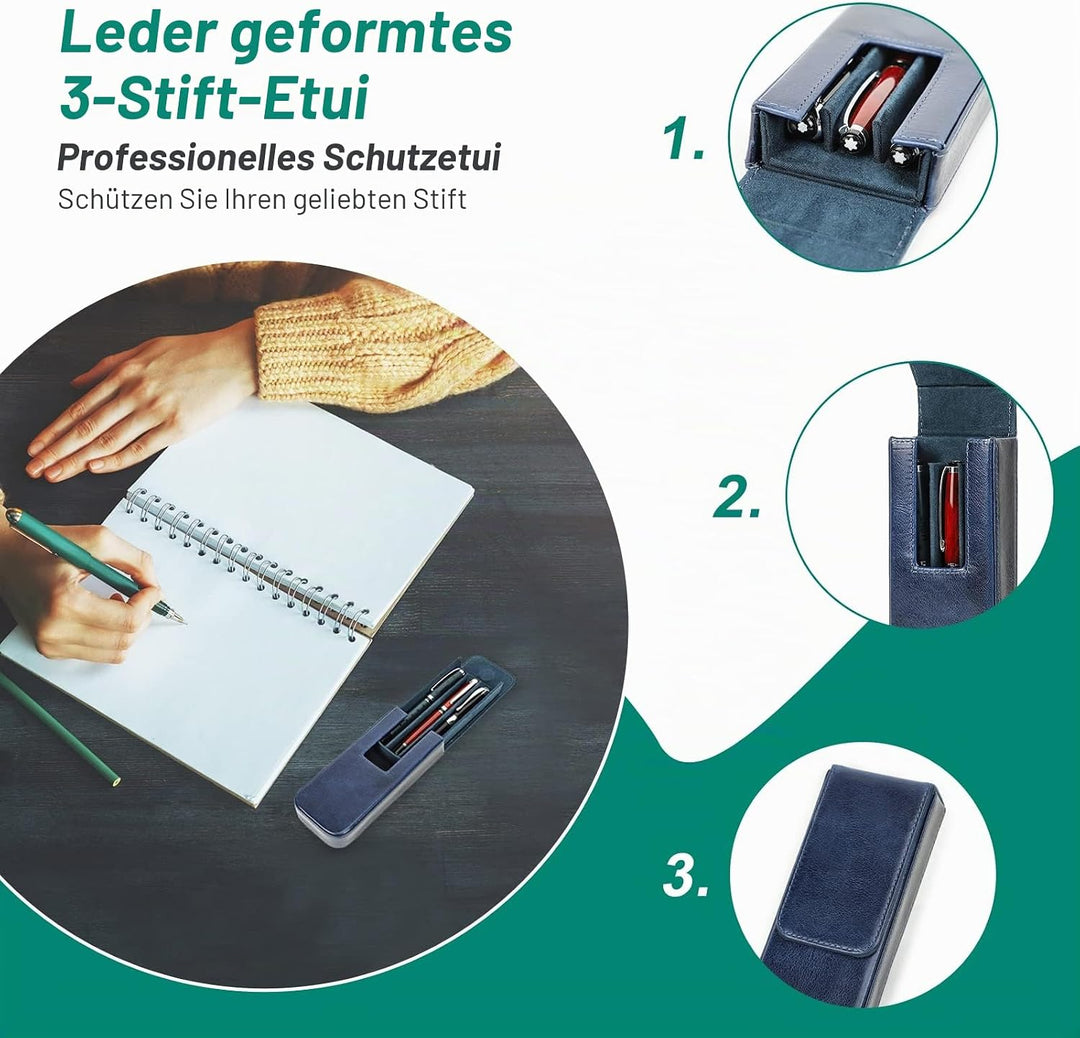 Hiram Leder-Füllhalteretui, Leder-Füllhalterbox für 3 Stifte mit Verstecktem Magnetischem Schnappver